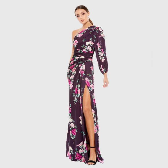 Mac Duggal Dresses & Skirts - Mac Duggal Ieena Purple One Shoulder Long Sleeve Floral Pink Wedding Guest Dress